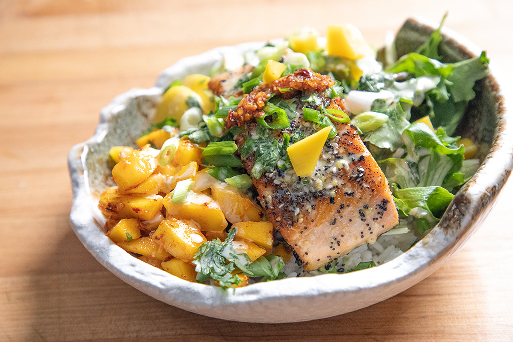 Everything Crusted Salmon Bowl with Hot Honey